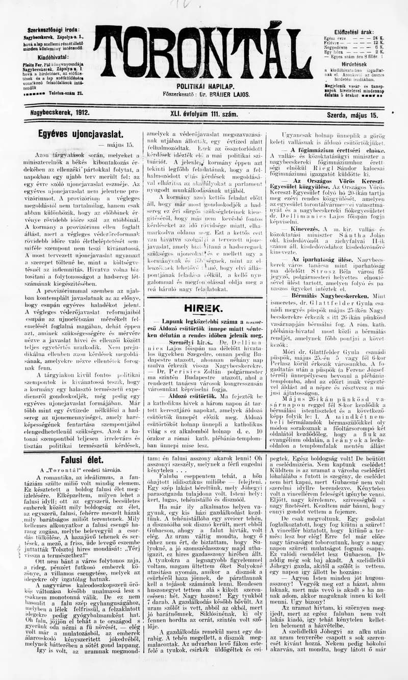 Torontál, 41. évf. 1912. május 15. 111. sz.
