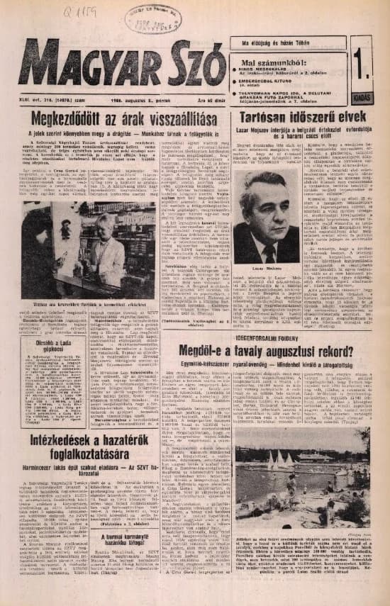 Magyar Szó, 43. évf. 1986. augusztus 8. 216. sz. 1–16. oldal