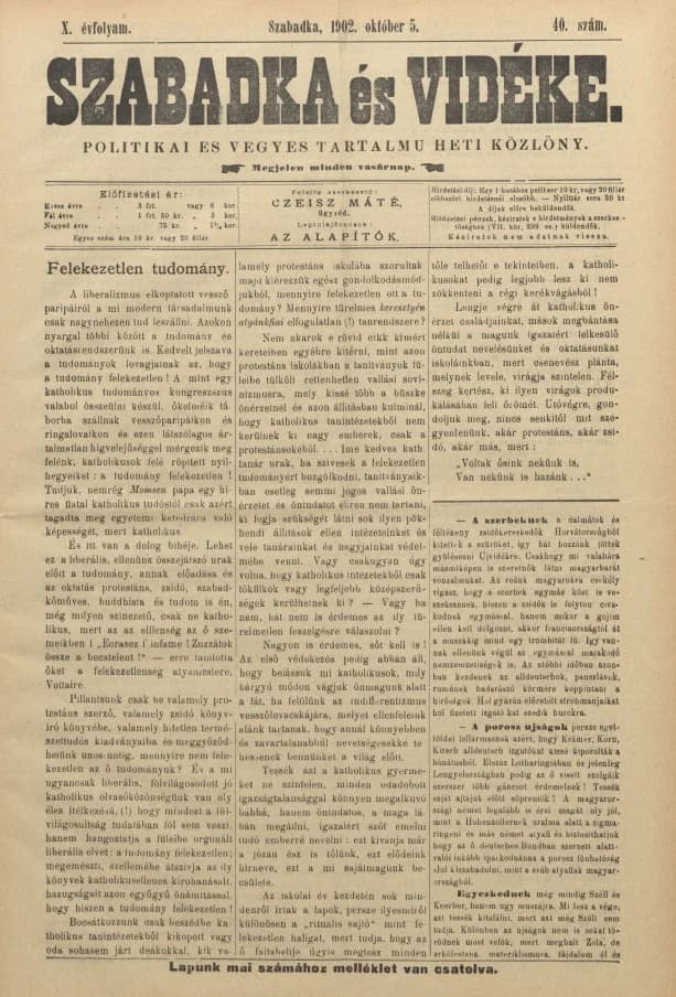 Szabadka és vidéke II, 10. évf. 1902. október 5. 40. sz.