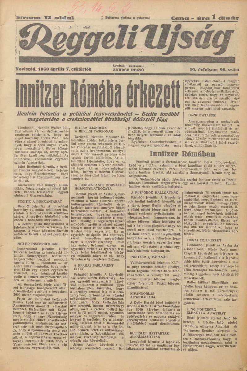 Reggeli Újság, 19. évf. 1938. április 7. 96. sz.