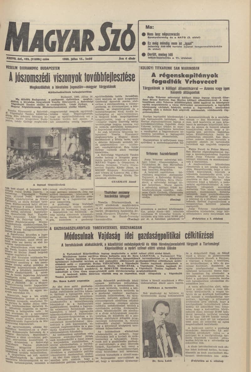 Magyar Szó, 37. évf. 1980. július 15. 193. sz. 1–16. oldal