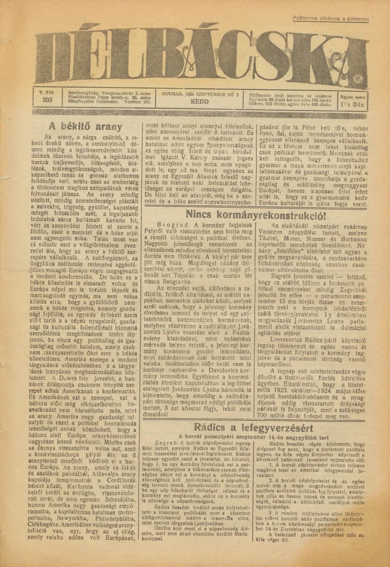 Délbácska, 5. évf. 1924. szeptember 2. 203. sz.