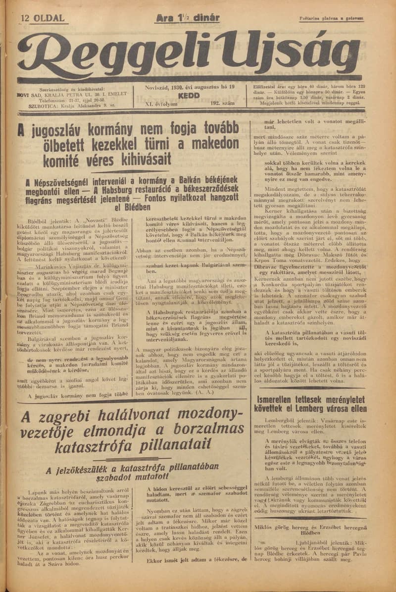 Reggeli Újság, 11. évf. 1930. augusztus 19. 192. sz.