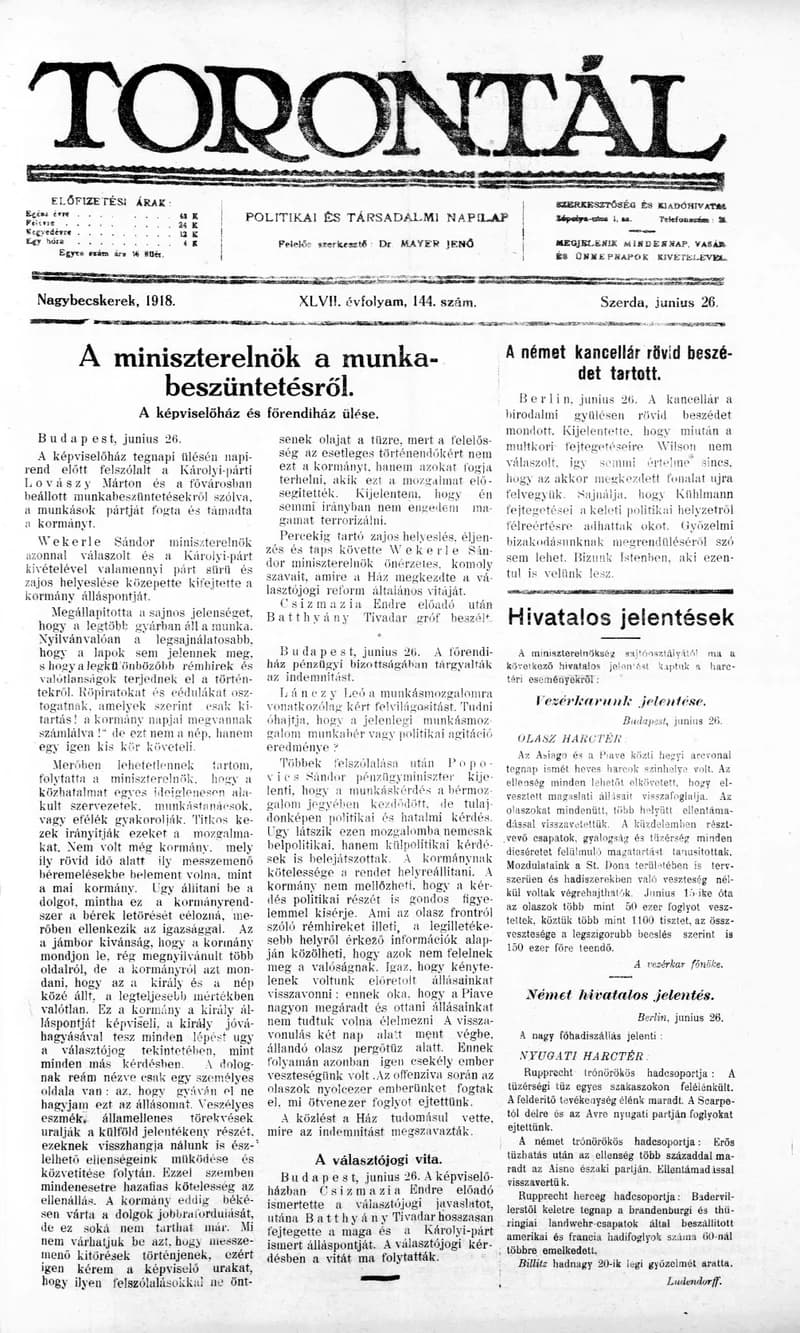 Torontál, 47. évf. 1918. június 26. 144. sz.