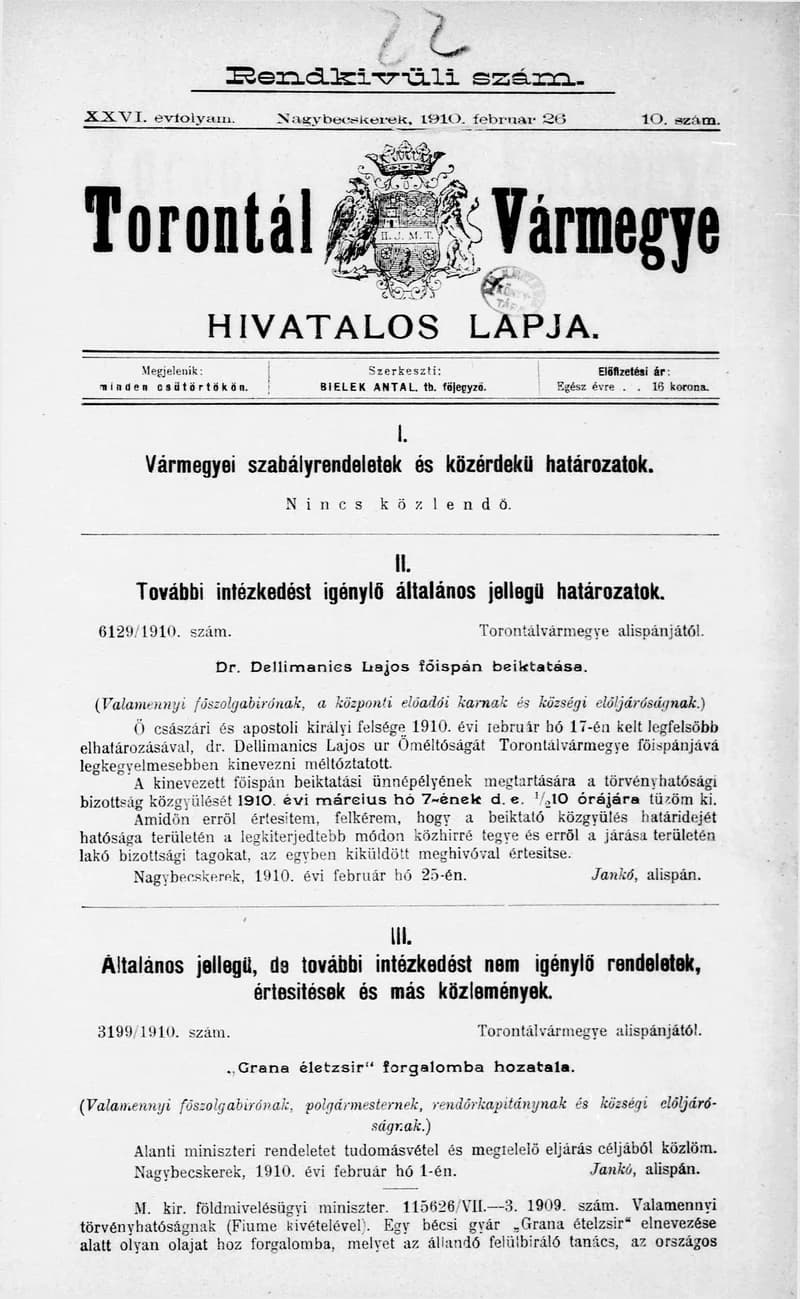 Torontál Vármegye Hivatalos Lapja, 26. évf. 1910. február 26. 10. sz.