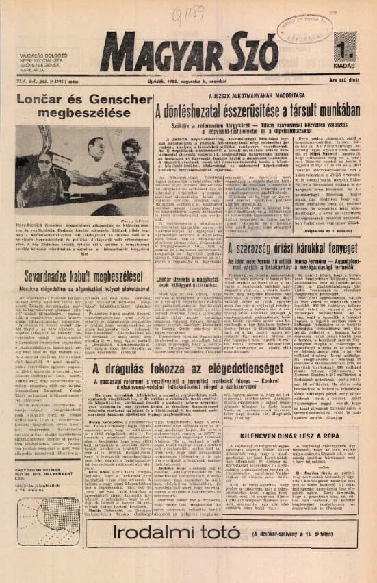 Magyar Szó, 45. évf. 1988. augusztus 6. 215. sz. 1–20. oldal