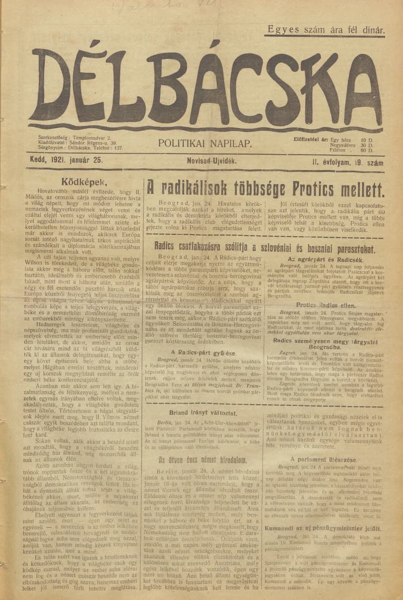 Délbácska, 2. évf. 1921. január 25. 19. sz.