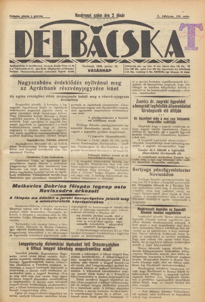 Délbácska, 10. évf. 1929. június 16. 139. sz.