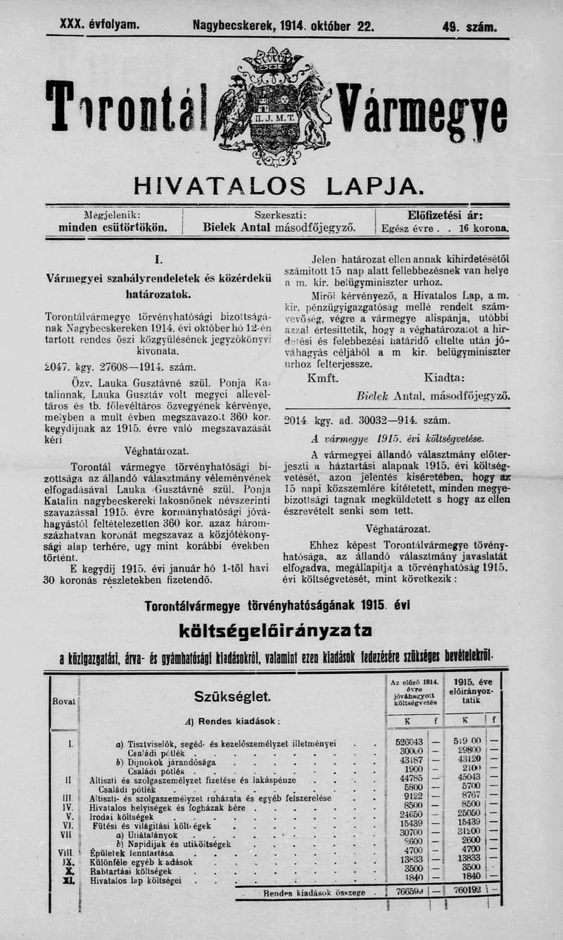 Torontál Vármegye Hivatalos Lapja, 30. évf. 1914. október 22. 49. sz.