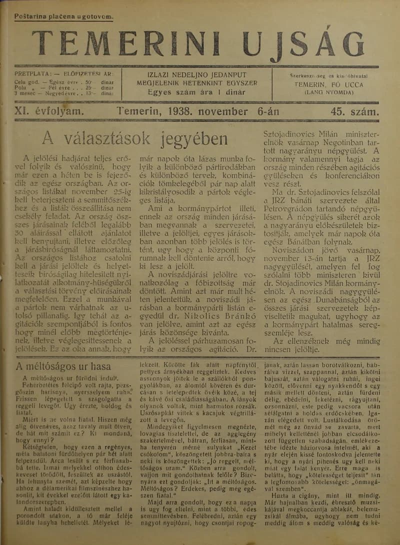 Temerini Újság 1928-1944, 11. évf. 1938. november 6. 45. sz.