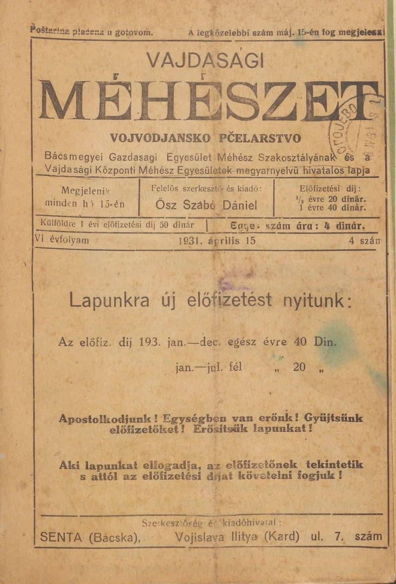 Vajdasági méhészet, 6. évf. 1931. április 15. 4. sz.