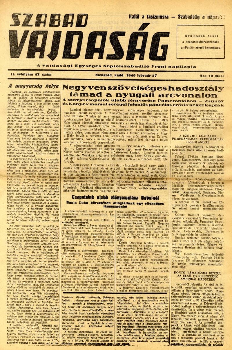Szabad Vajdaság, 2. évf. 1945. február 27. 47. sz.