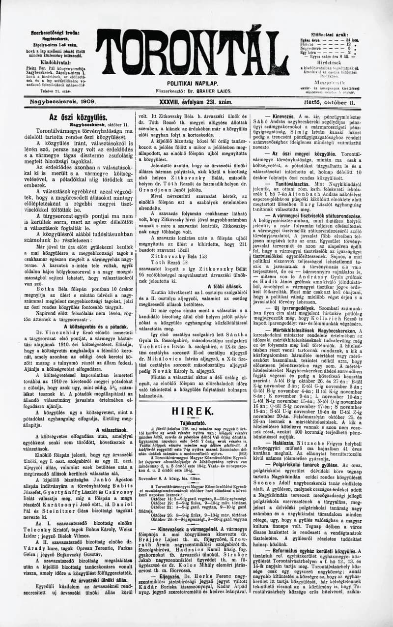 Torontál, 38. évf. 1909. október 11. 231. sz.