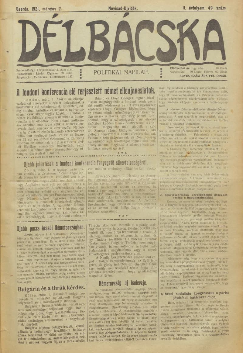 Délbácska, 2. évf. 1921. március 2. 49. sz.