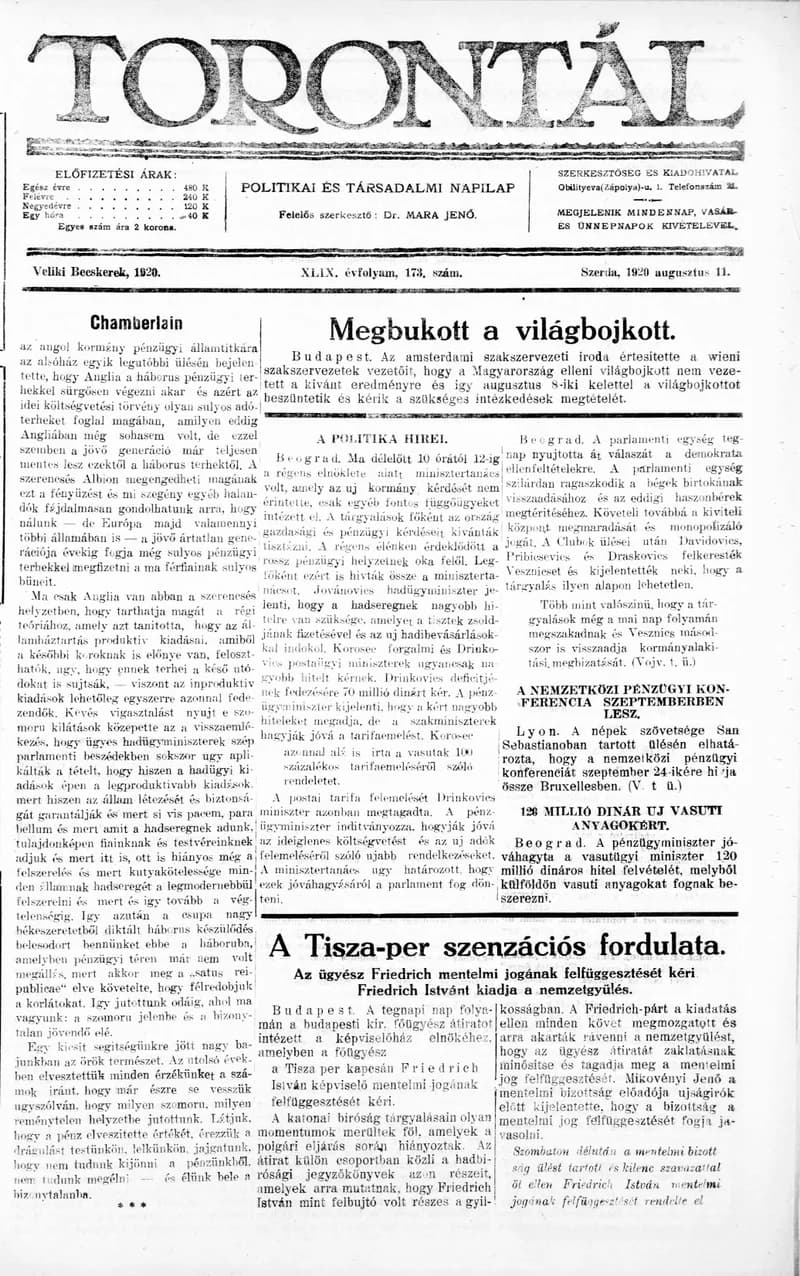 Torontál, 49. évf. 1920. augusztus 11. 173. sz.