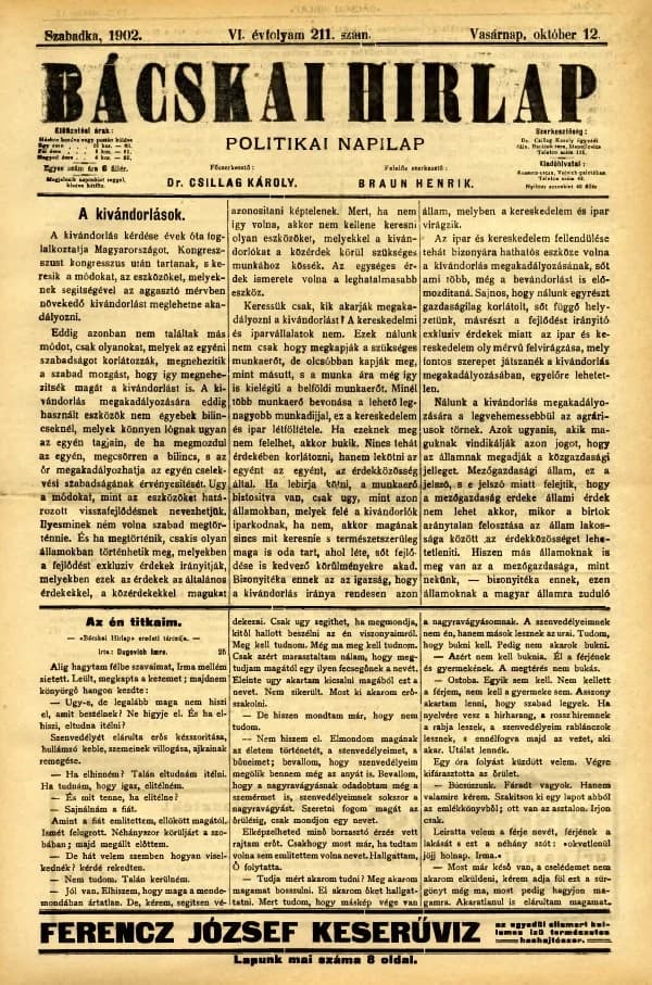 Bácskai Hirlap, 6. évf. 1902. október 12. 211. sz.
