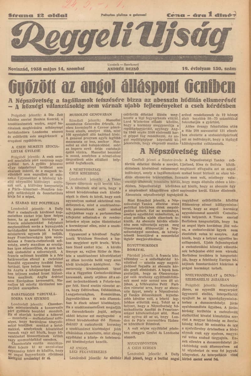 Reggeli Újság, 19. évf. 1938. május 14. 130. sz.