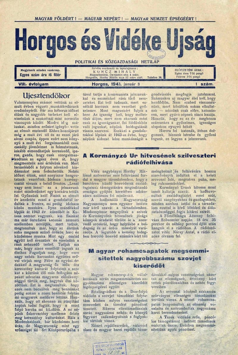 Horgos és vidéke, 8. évf. 1943. január 3. 1. sz.