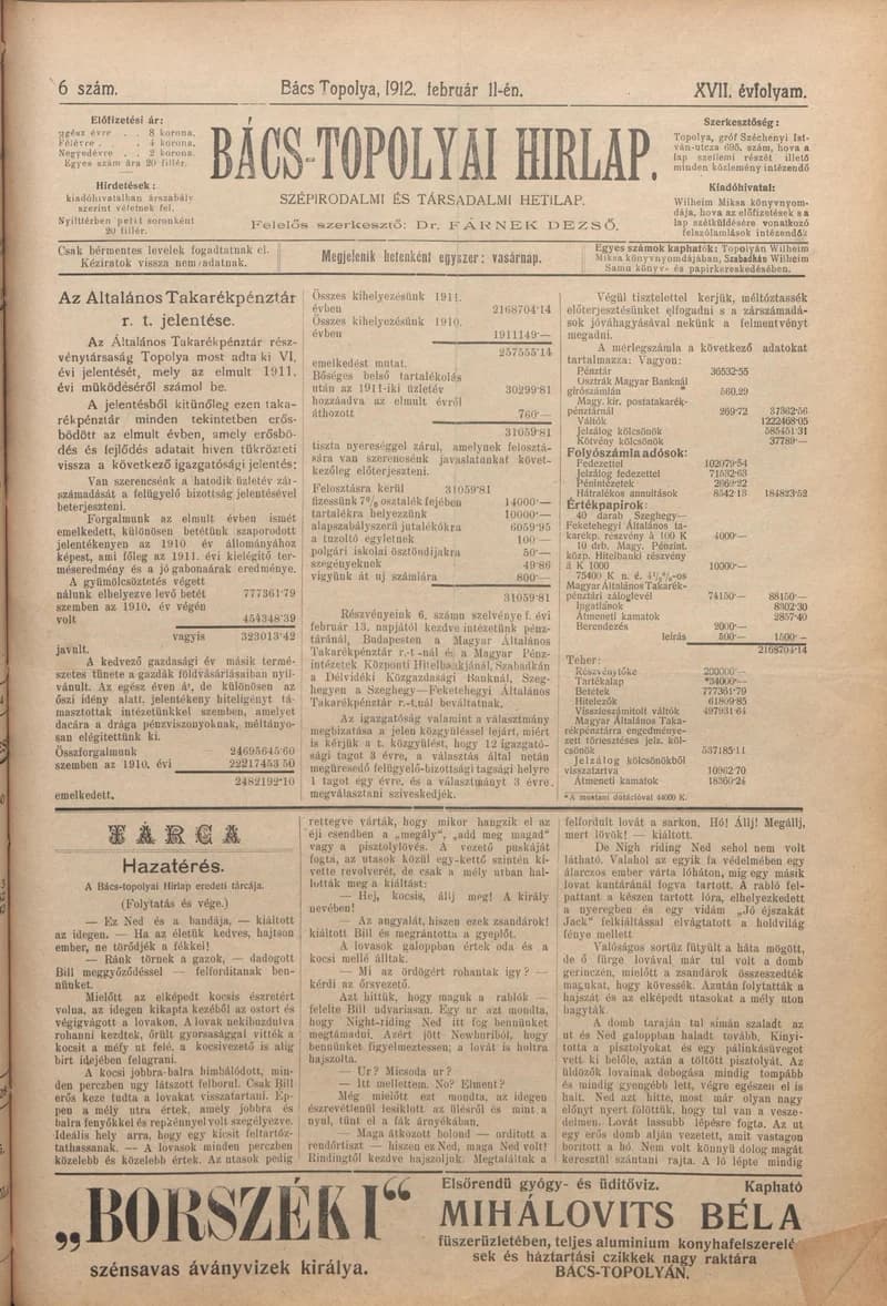 Bács-Topolyai Hirlap, 17. évf. 1912. február 11. 6. sz.