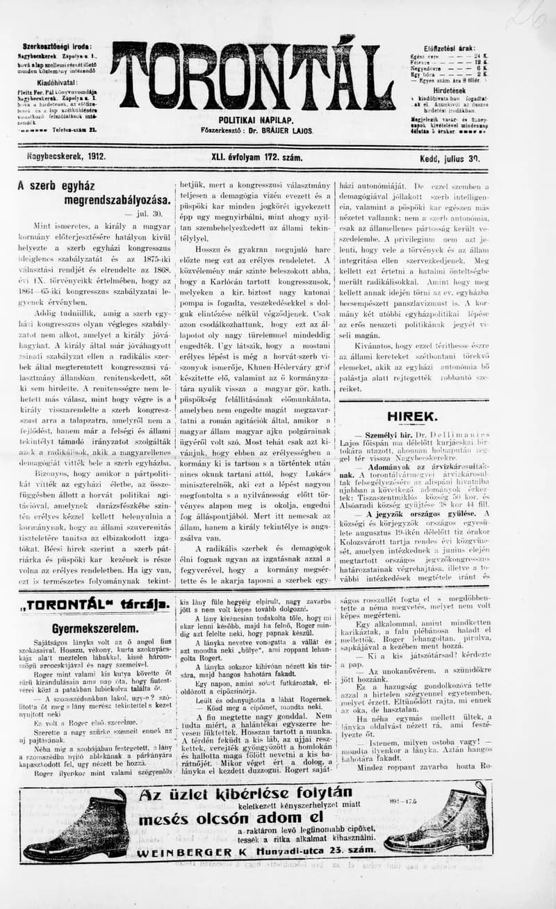 Torontál, 41. évf. 1912. július 30. 172. sz.