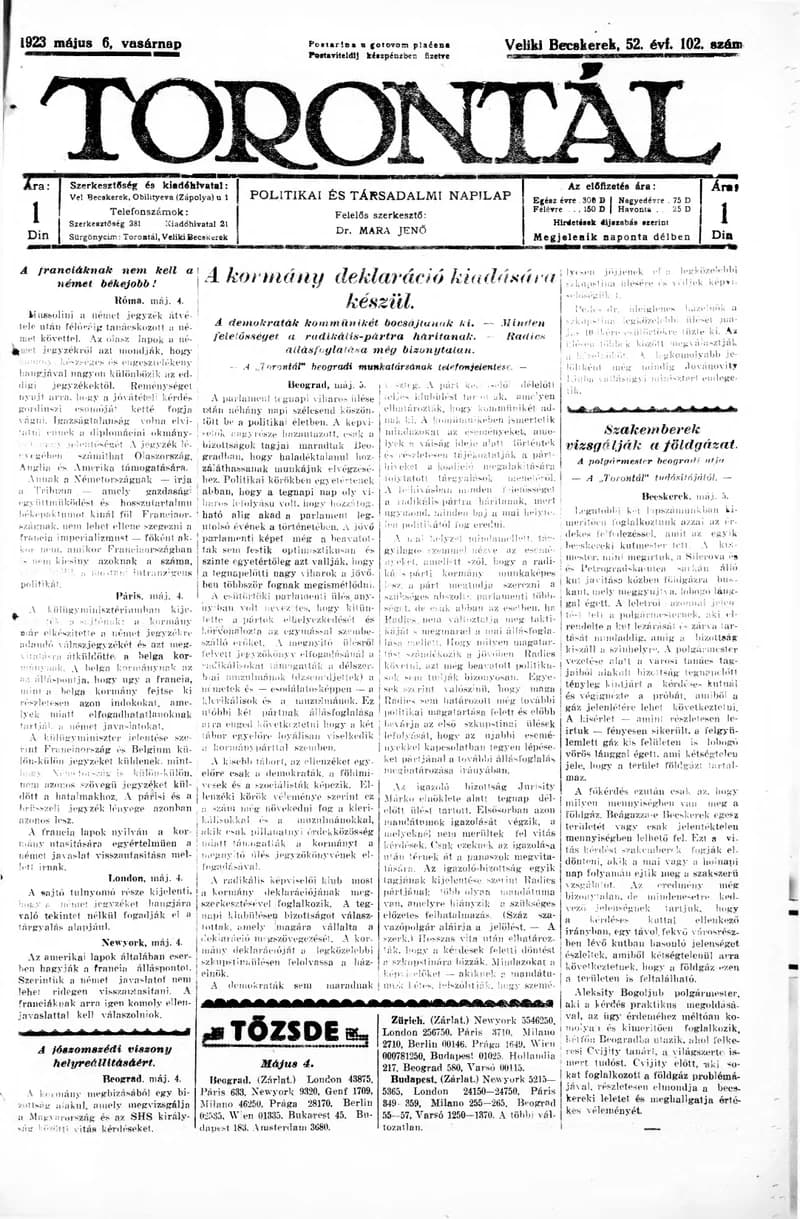Torontál, 52. évf. 1923. május 6. 102. sz.