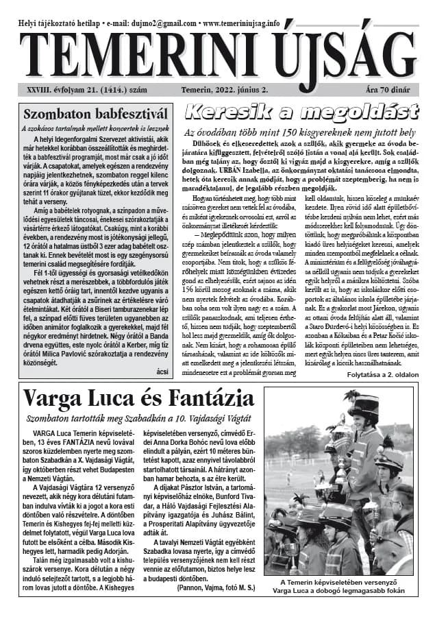 Temerini Újság, 28. évf. 2022. június 2. 21. sz.