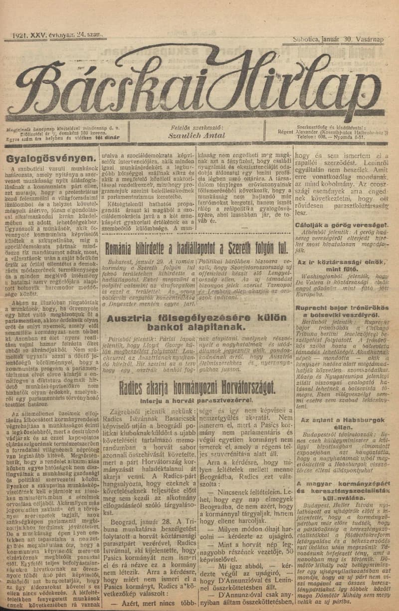 Bácskai Hirlap, 25. évf. 1921. január 30. 24. sz.