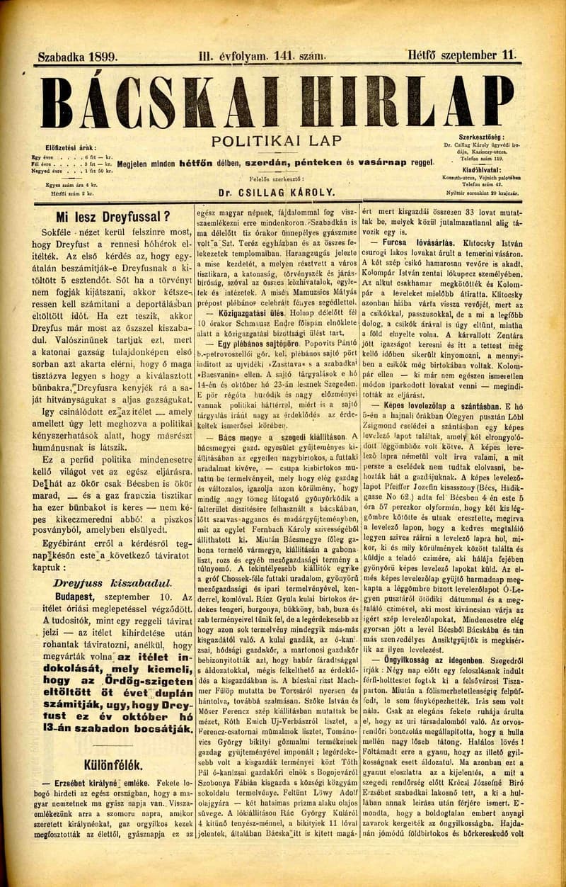Bácskai Hirlap, 3. évf. 1899. szeptember 11. 141. sz.