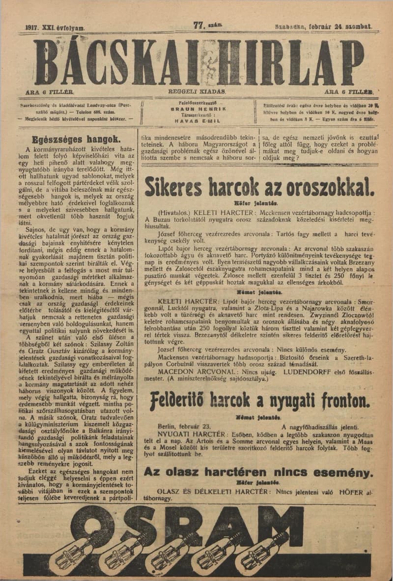 Bácskai Hirlap, 21. évf. 1917. február 24. 77. sz.