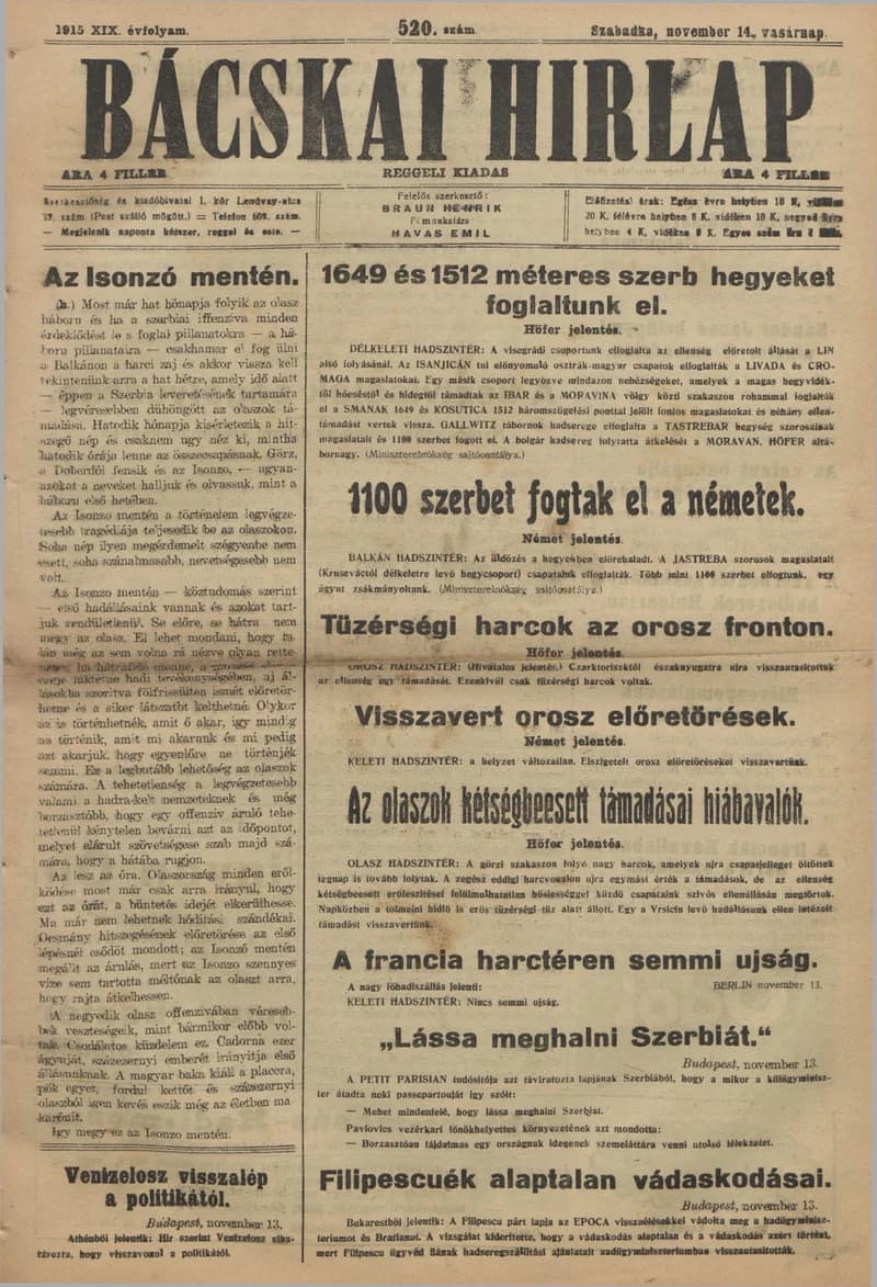 Bácskai Hirlap, 19. évf. 1915. november 14. 520. sz.
