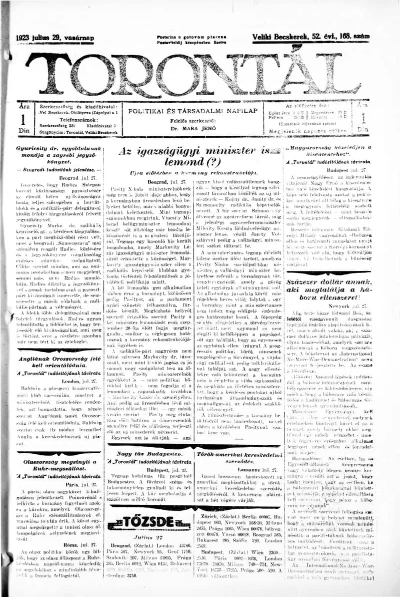 Torontál, 52. évf. 1923. július 29. 168. sz.