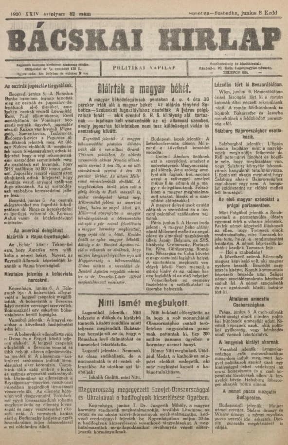 Bácskai Hirlap, 24. évf. 1920. június 8. 82. sz.