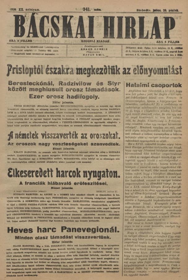 Bácskai Hirlap, 20. évf. 1916. július 28. 341. sz.