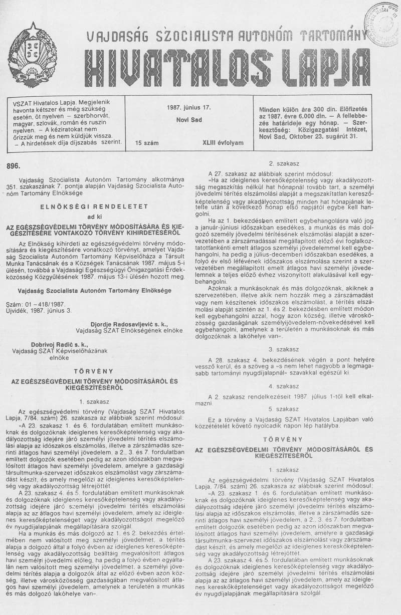 Vajdaság Szocialista Autonóm Tartomány Hivatalos Lapja, 43. évf. 1987. június 17. 15. sz.