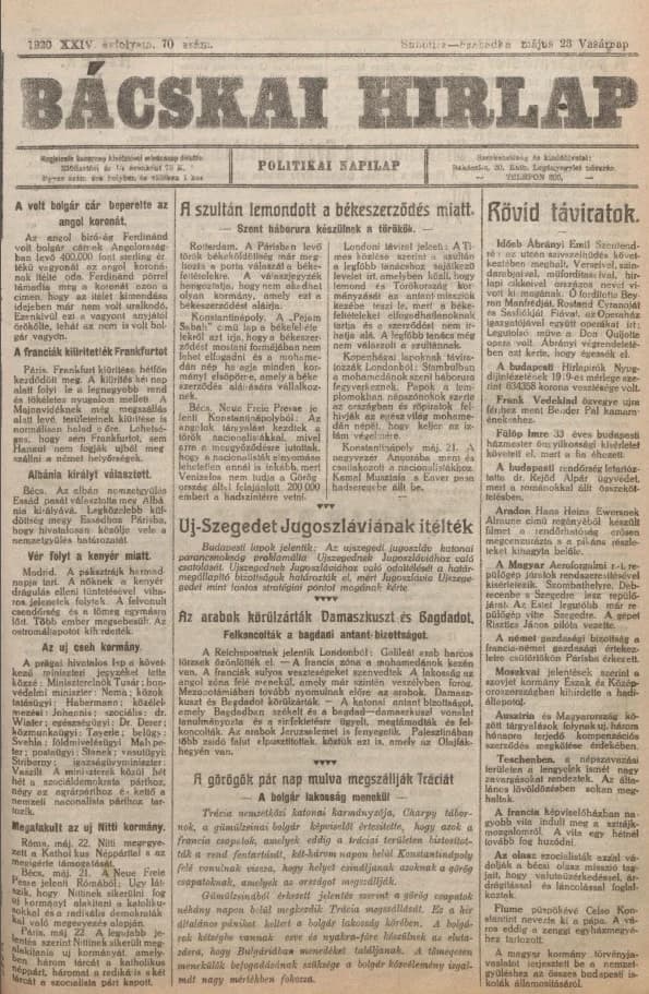 Bácskai Hirlap, 24. évf. 1920. május 23. 70. sz.