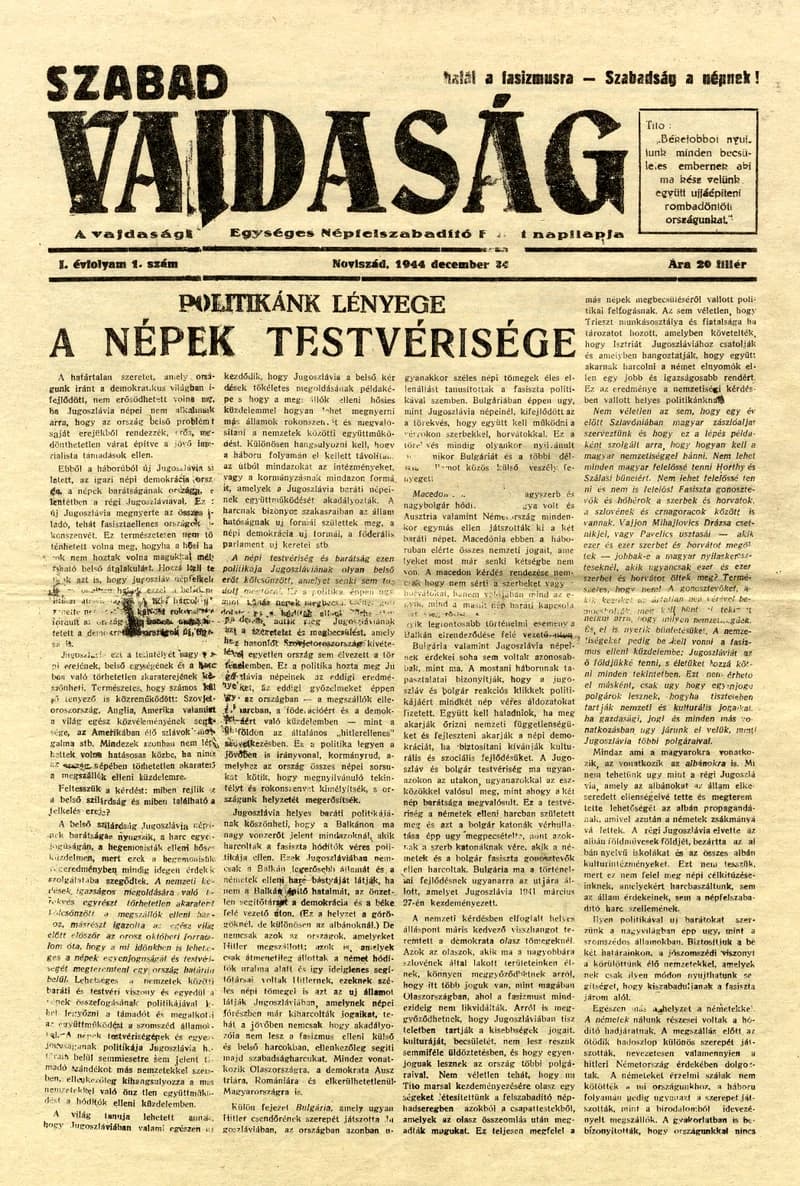 Szabad Vajdaság, 1. évf. 1944. december 24. 1. sz.