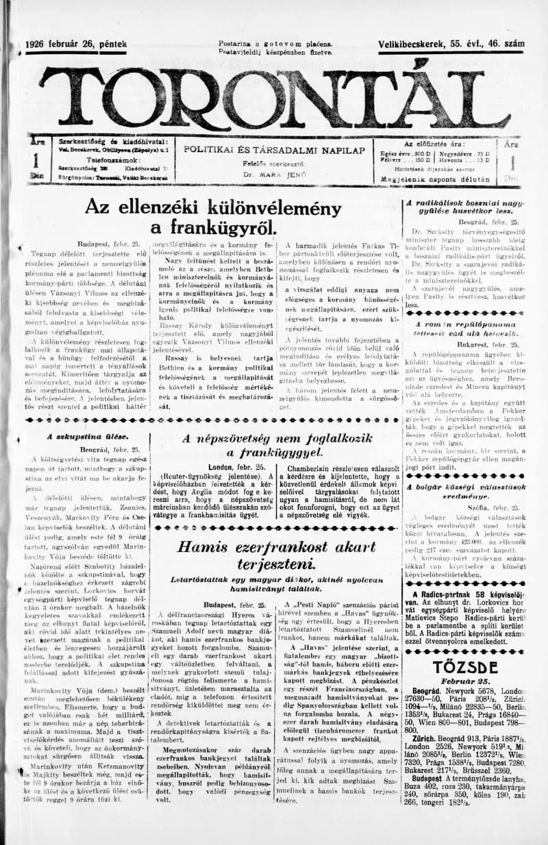 Torontál, 55. évf. 1926. február 26. 46. sz.