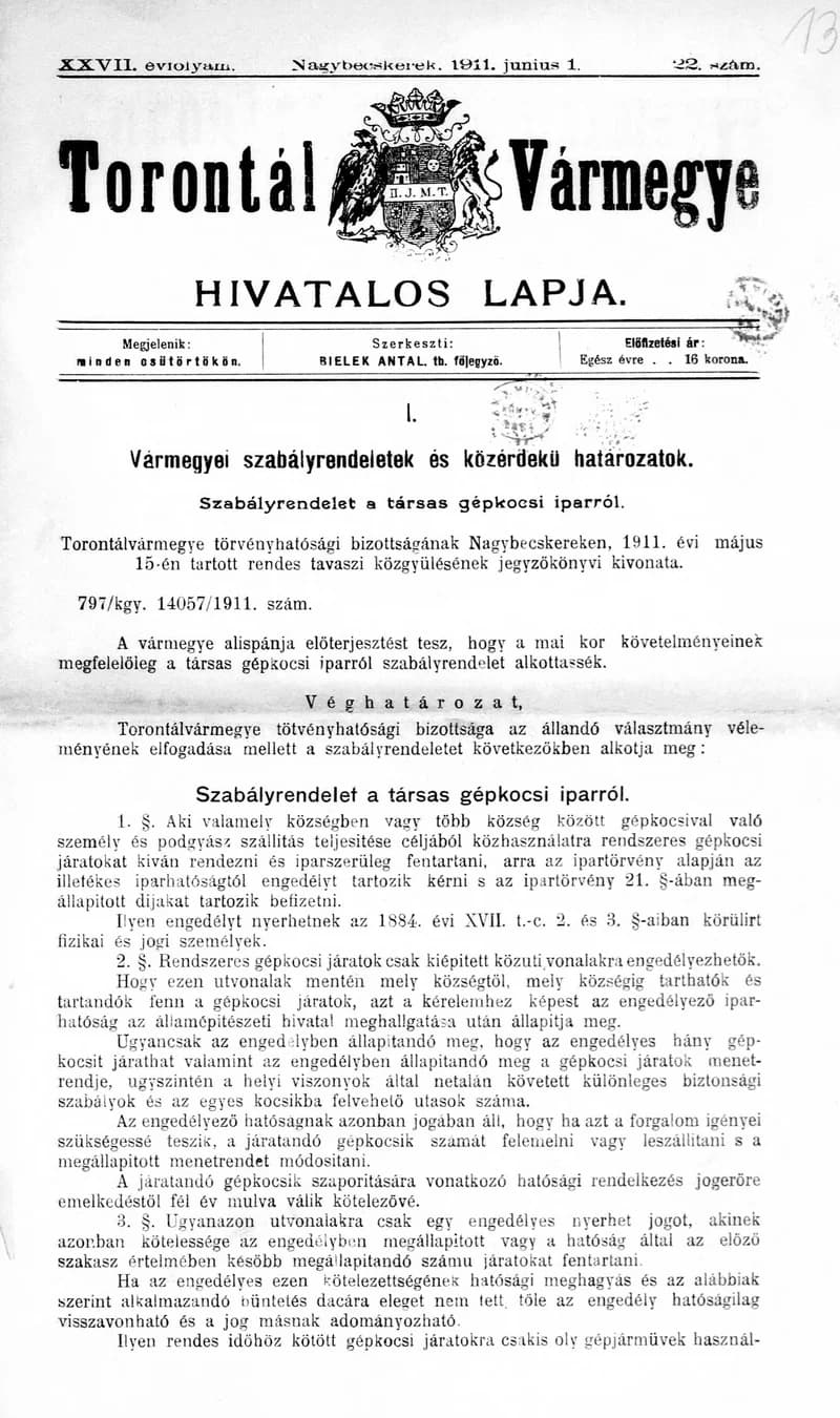 Torontál Vármegye Hivatalos Lapja, 27. évf. 1911. június 1. 22. sz.