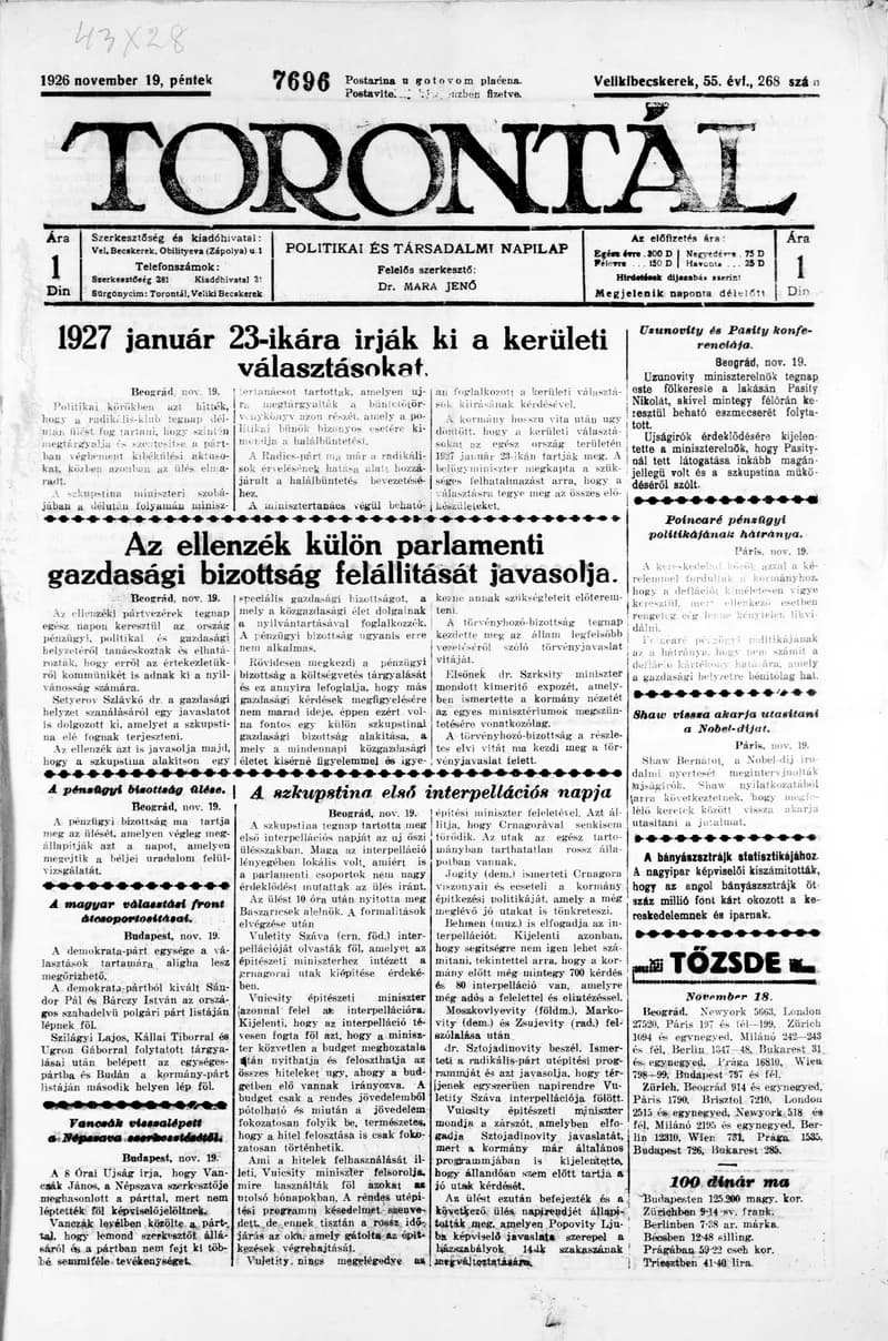Torontál, 55. évf. 1926. november 19. 268. sz.
