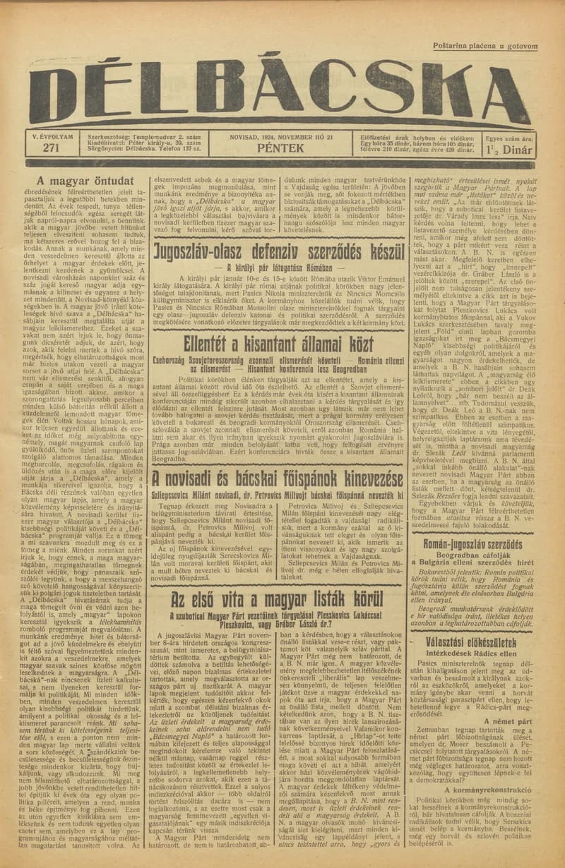 Délbácska, 5. évf. 1924. november 21. 271. sz.