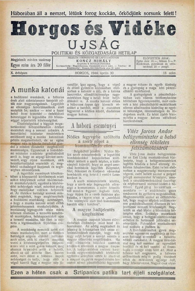 Horgos és vidéke, 9. évf. 1944. április 30. 18. sz.