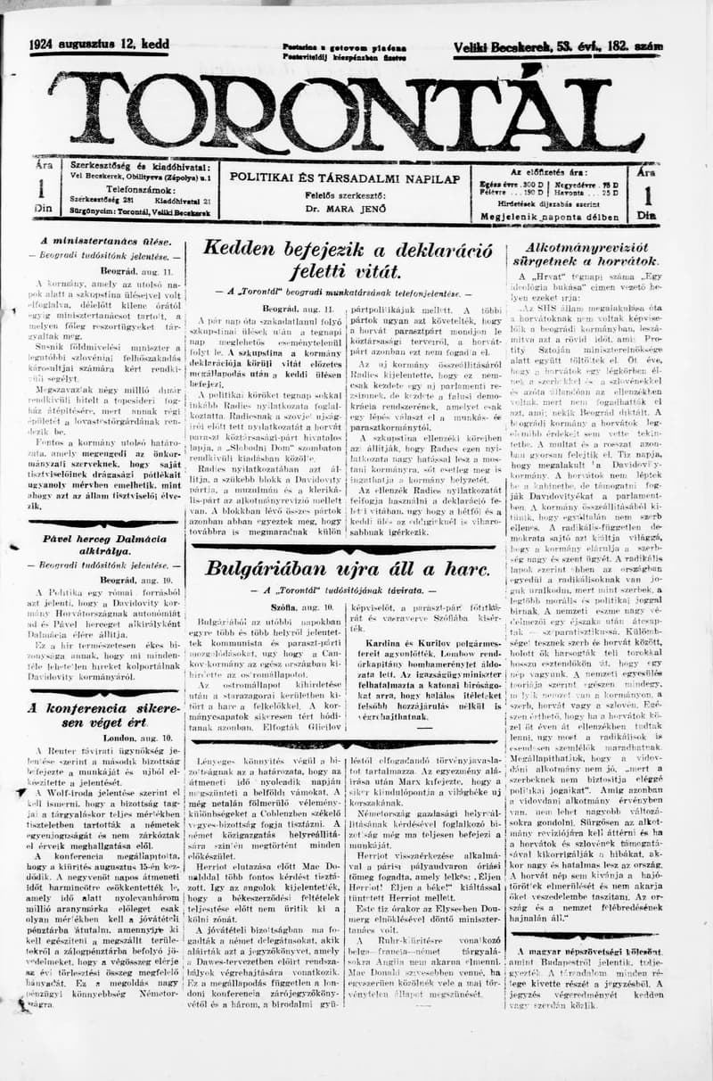 Torontál, 53. évf. 1924. augusztus 12. 182. sz.