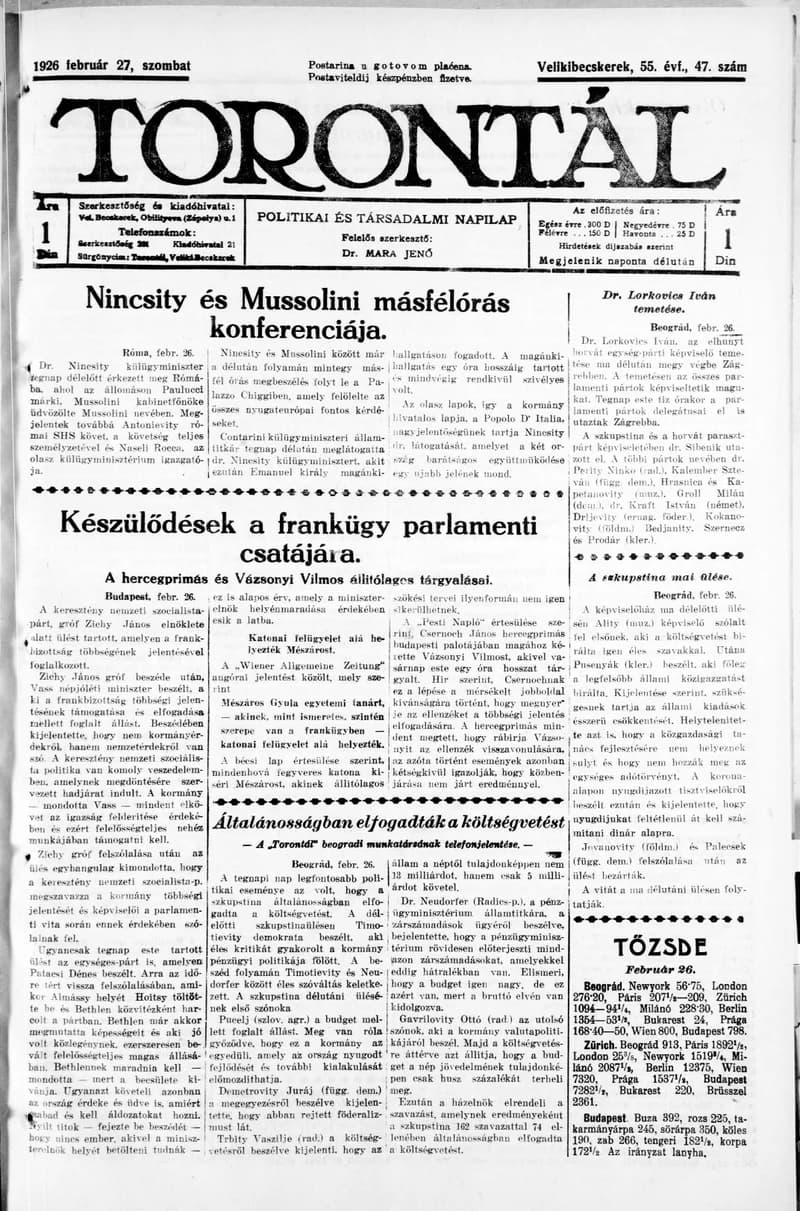 Torontál, 55. évf. 1926. február 27. 47. sz.