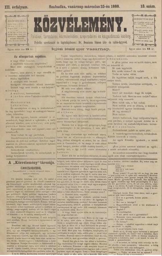 Közvélemény, 3. évf. 1888. március 25. 13. sz.