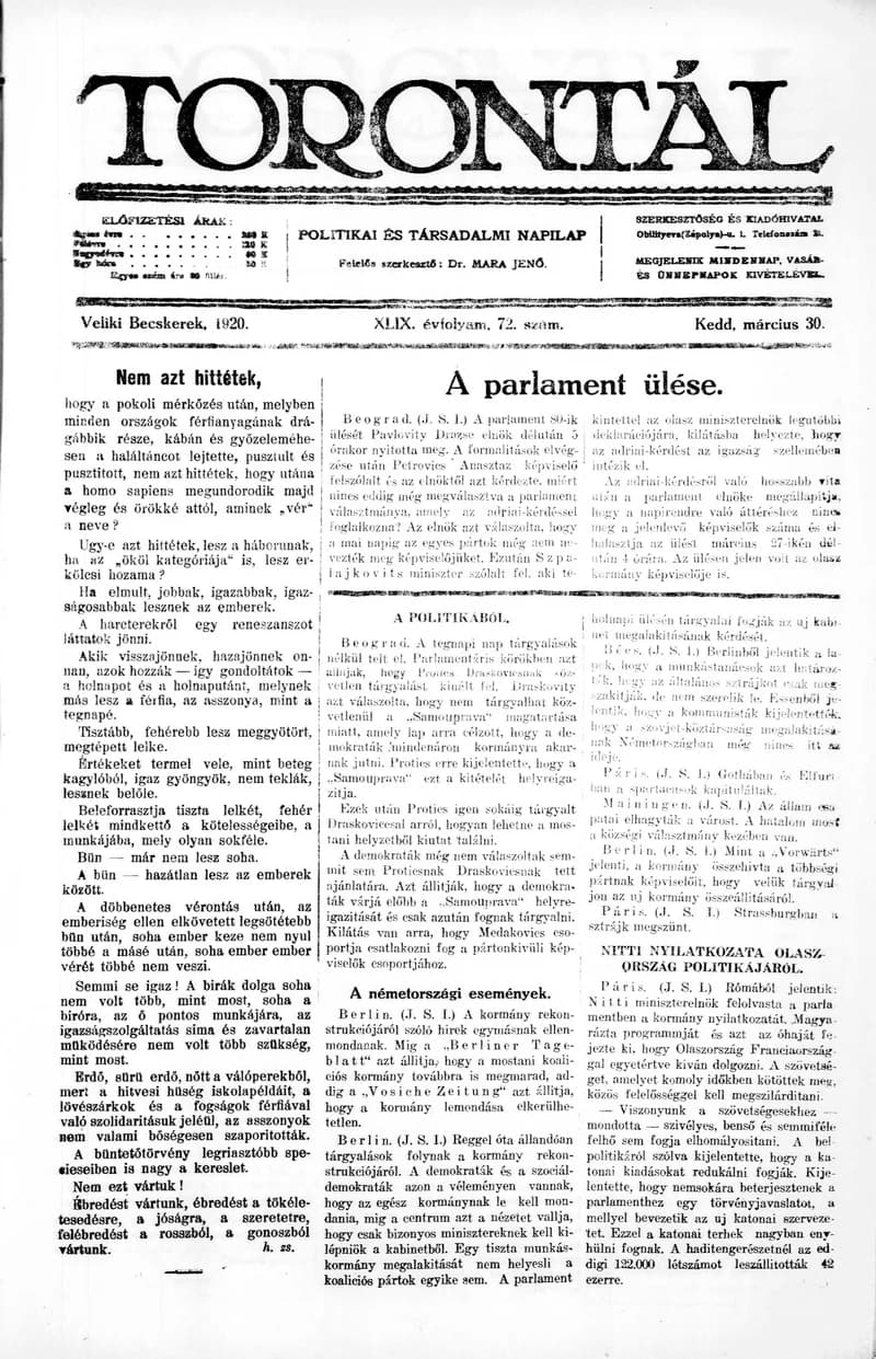 Torontál, 49. évf. 1920. március 30. 72. sz.