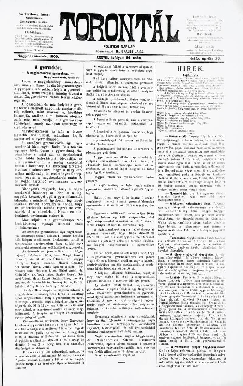 Torontál, 38. évf. 1909. április 26. 94. sz.