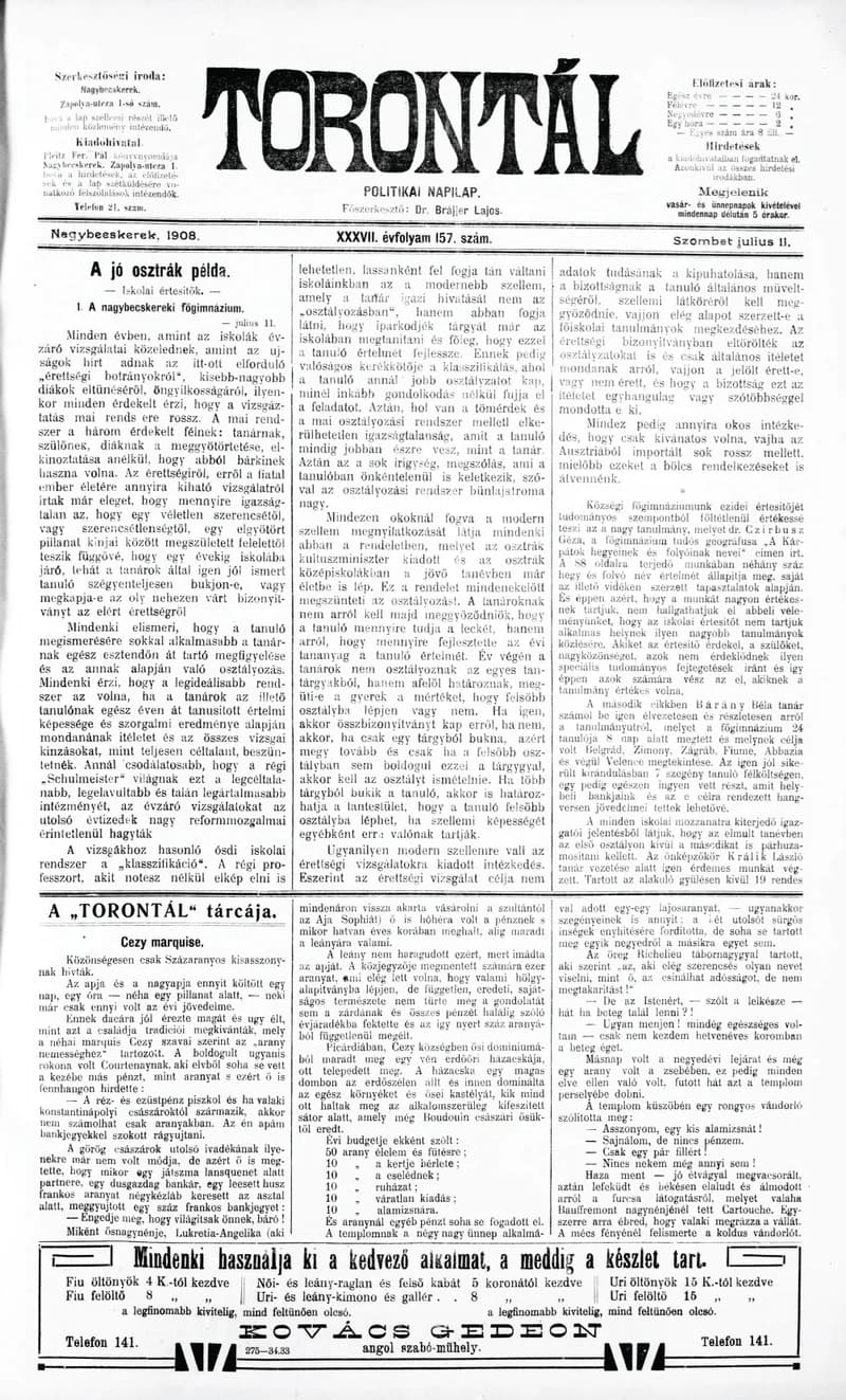 Torontál, 37. évf. 1908. július 11. 157. sz.