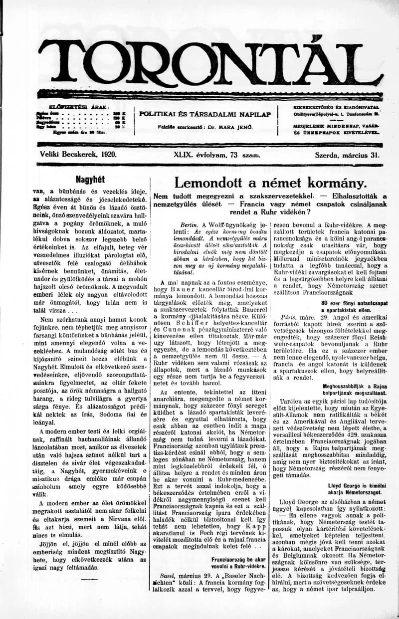 Torontál, 49. évf. 1920. március 31. 73. sz.