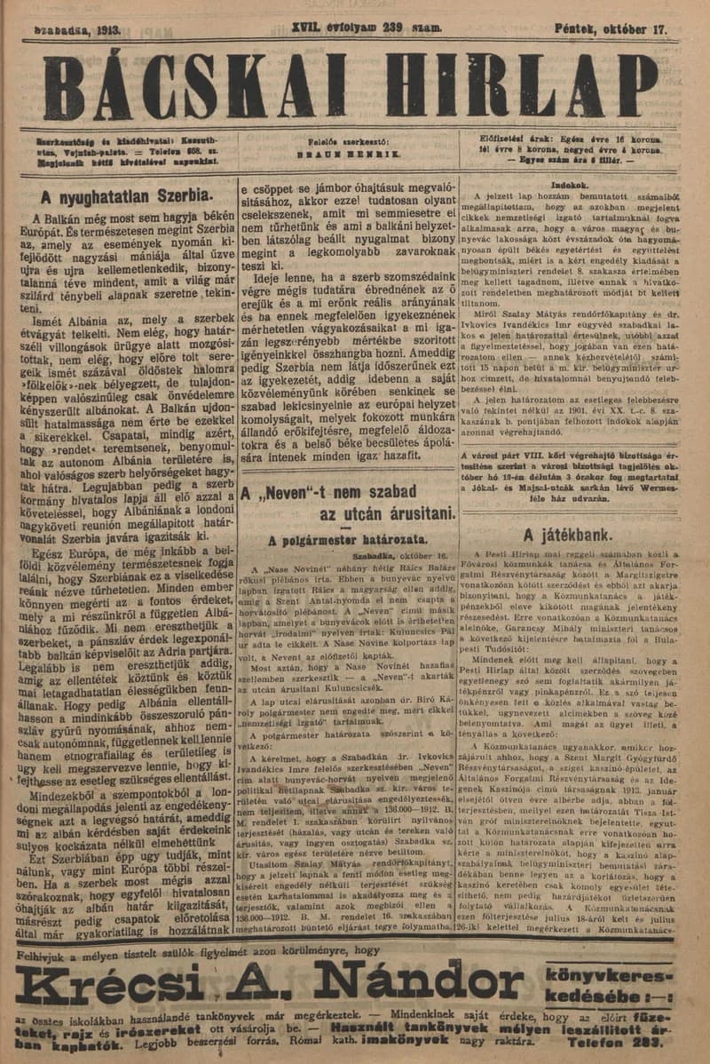 Bácskai Hirlap, 17. évf. 1913. október 17. 239. sz.