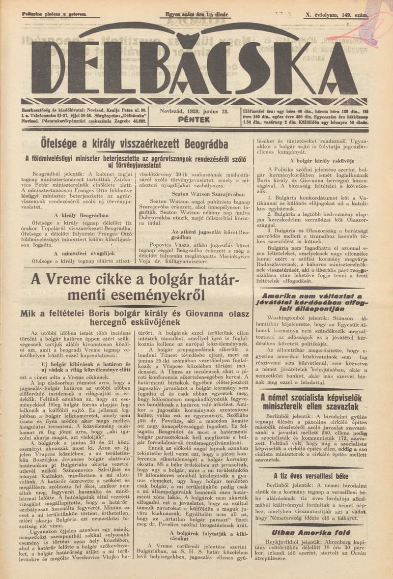 Délbácska, 10. évf. 1929. június 28. 149. sz.